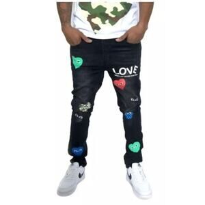 L.O.V.E. Apparel Black Washed Slim Fit Hearts Denim Jean Mens Size 32